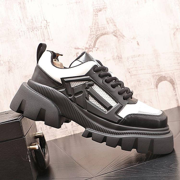 Platform Square Toe Mesh Panel Lace-Up Faux Leather Shoes Product Image