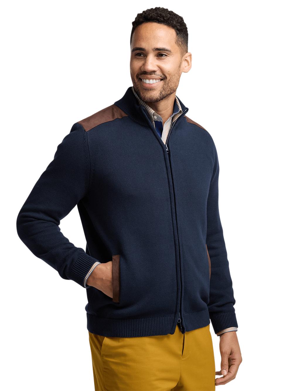 Cotton Full Zip Mock Neck Sweater - Navy Product Image