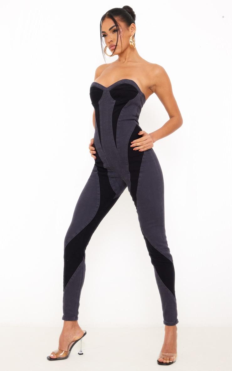 Black Contrast Panel Detail Denim Jumpsuit Product Image