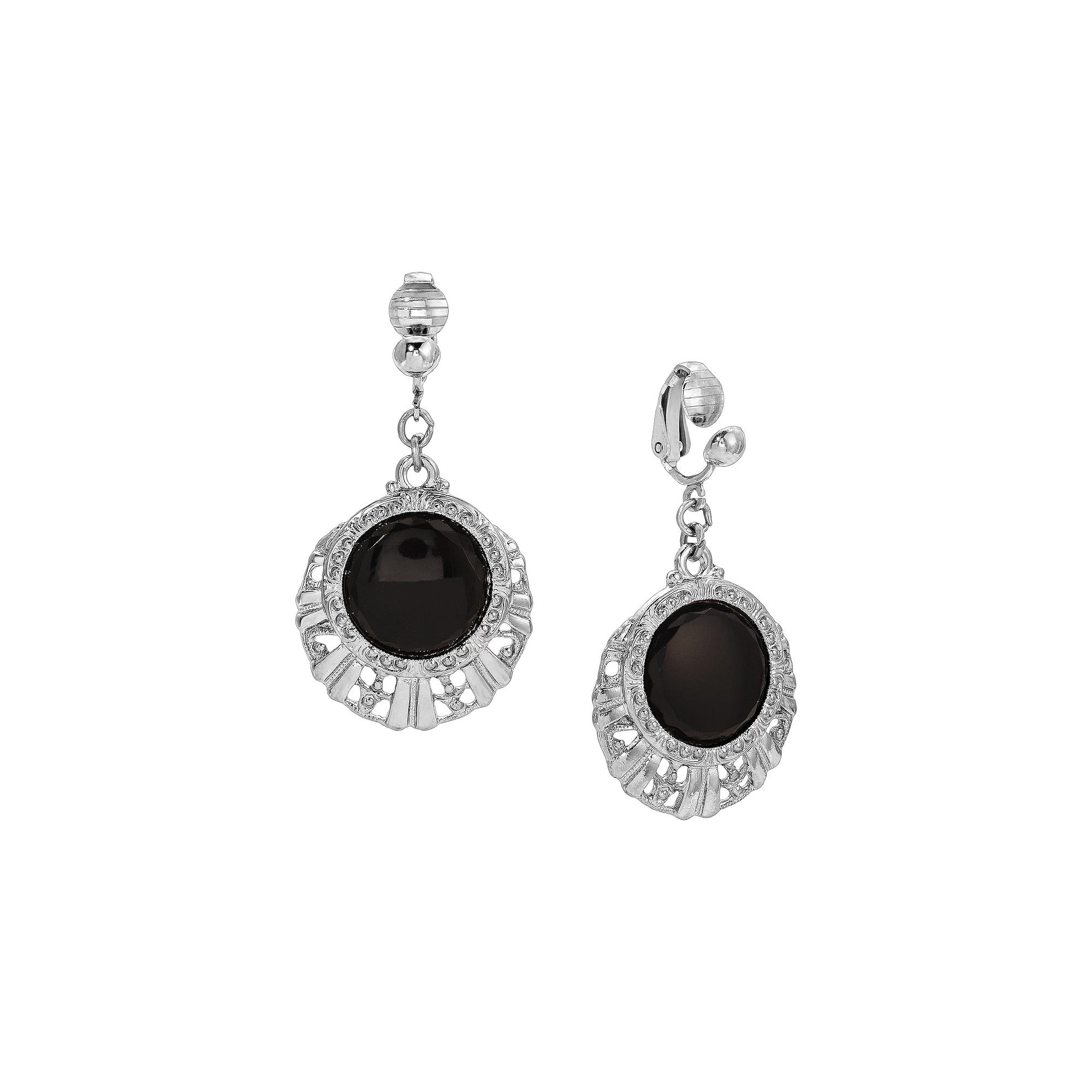 1928 Silver Tone Black Round Textured Drop Clip Earrings, Womens Product Image