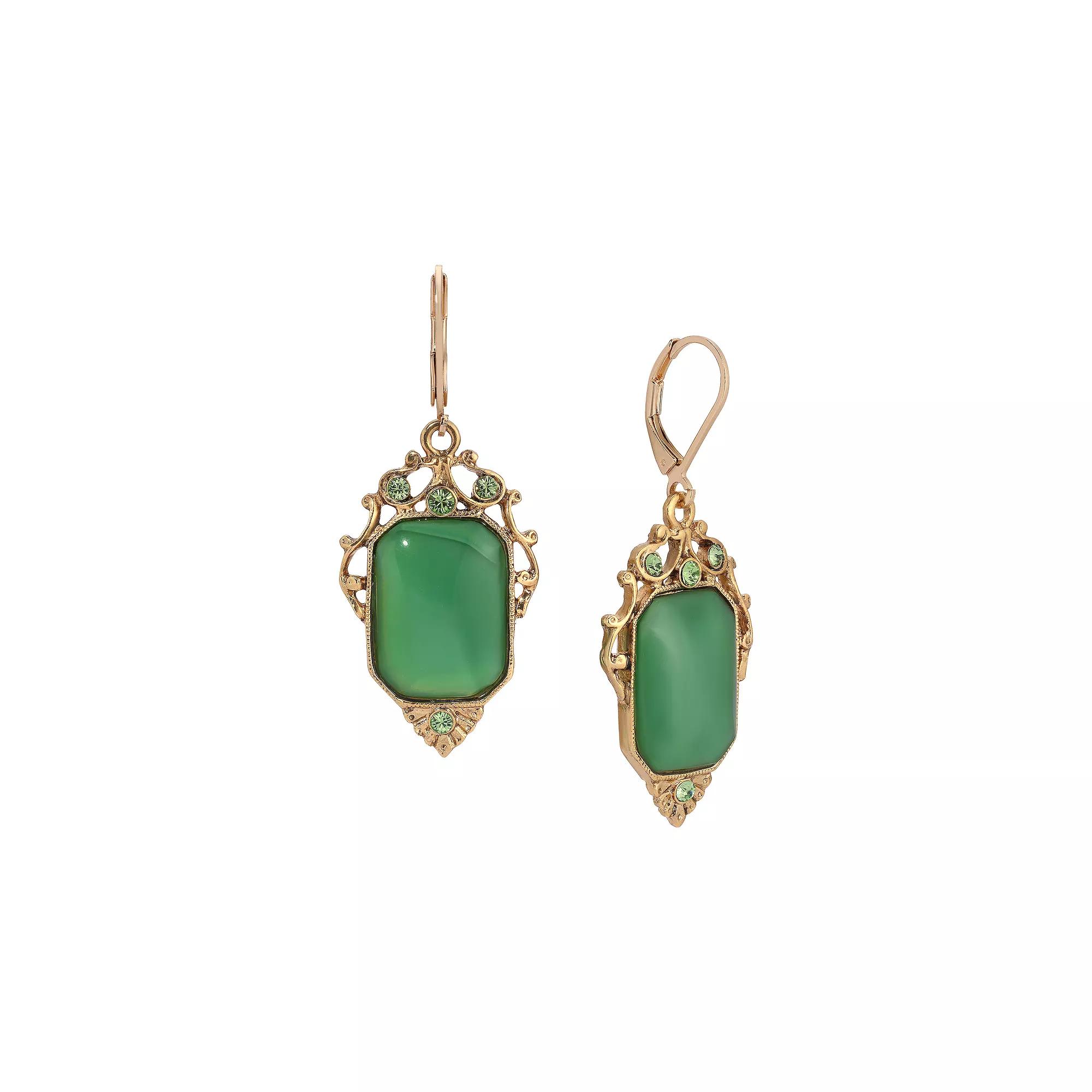 1928 Gold Tone Green Crystal Rectangle Drop Earrings, Women's Product Image