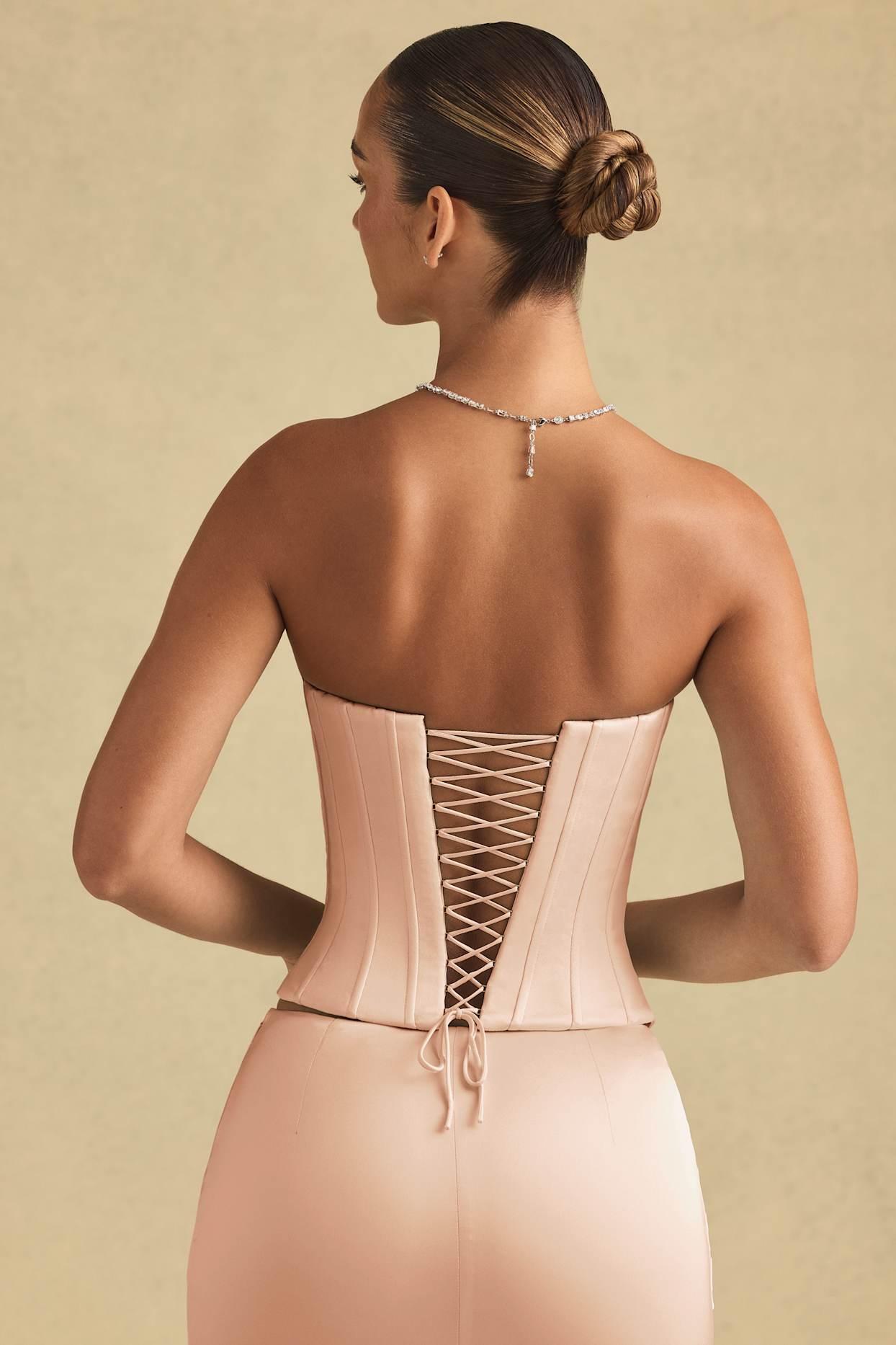 Full-Length Lace-Up Corset Top in Beige Gold Product Image