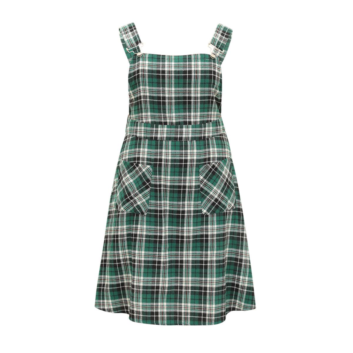 Plus Size Christmas Plaid Patched Pocket Overall Cami Dress DarkGreen Women Elegant Adjustable Straps Spaghetti Strap Sleeveless Curvy Midi Dress BloomChic 12/L Product Image