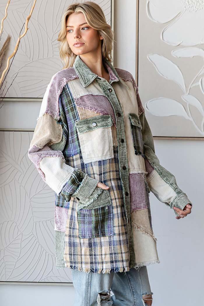 Patchwork Corduroy Long Sleeve Shacket Product Image