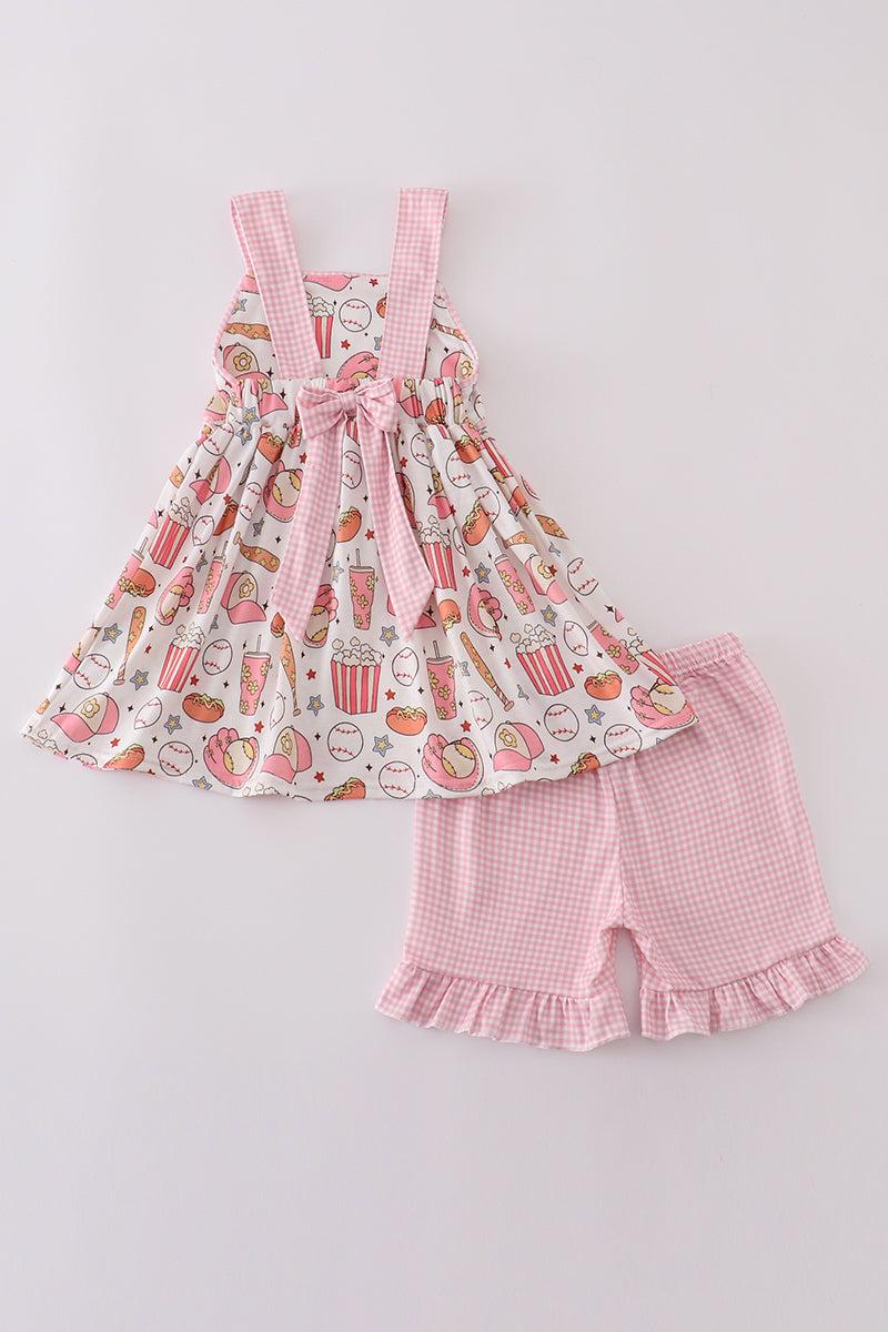 Pink baseball print gingham ruffle shorts set Product Image