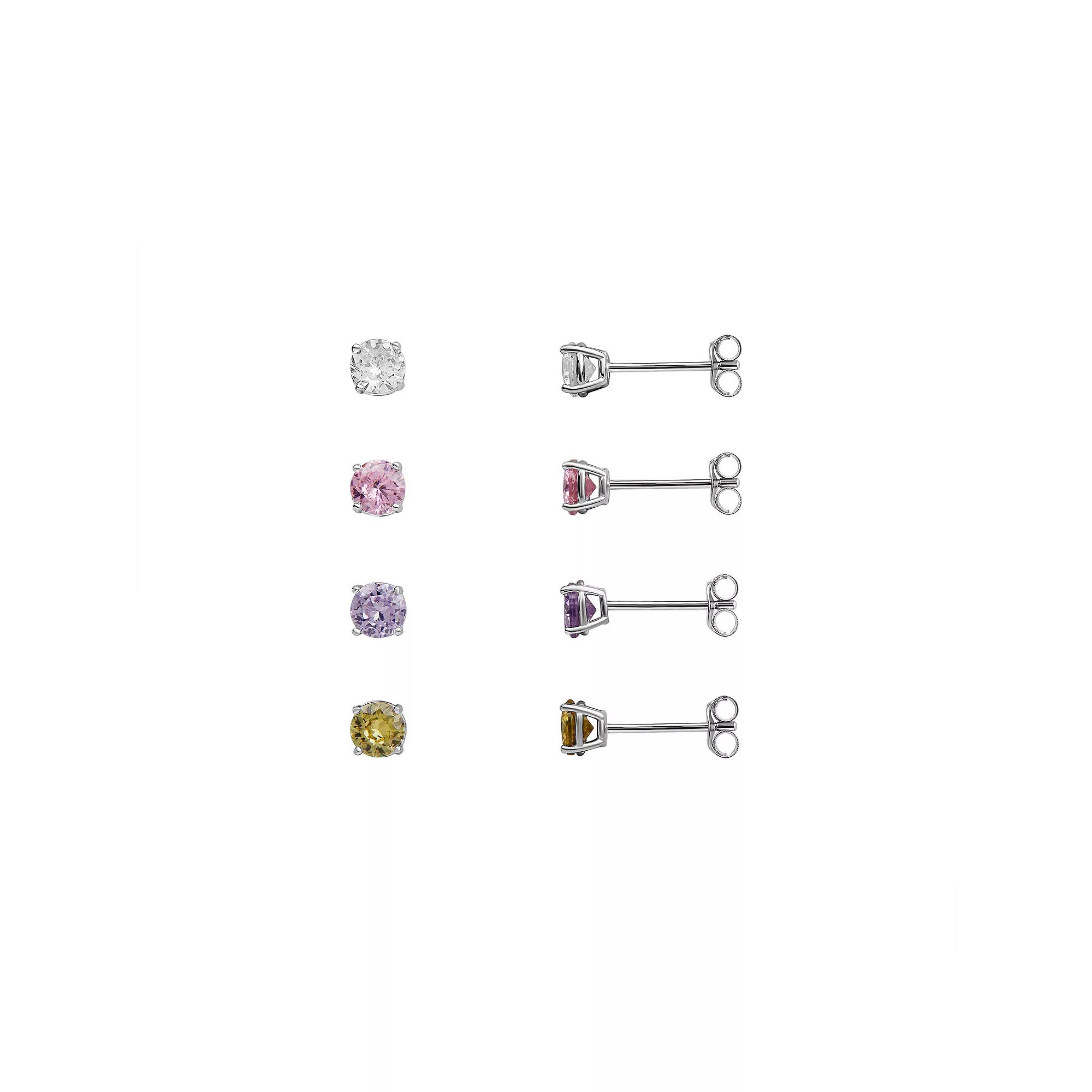 PRIMROSE 4 Pair Multi-Color Cubic Zirconia Stud Earring Set, Women's, Sterling Silver Product Image
