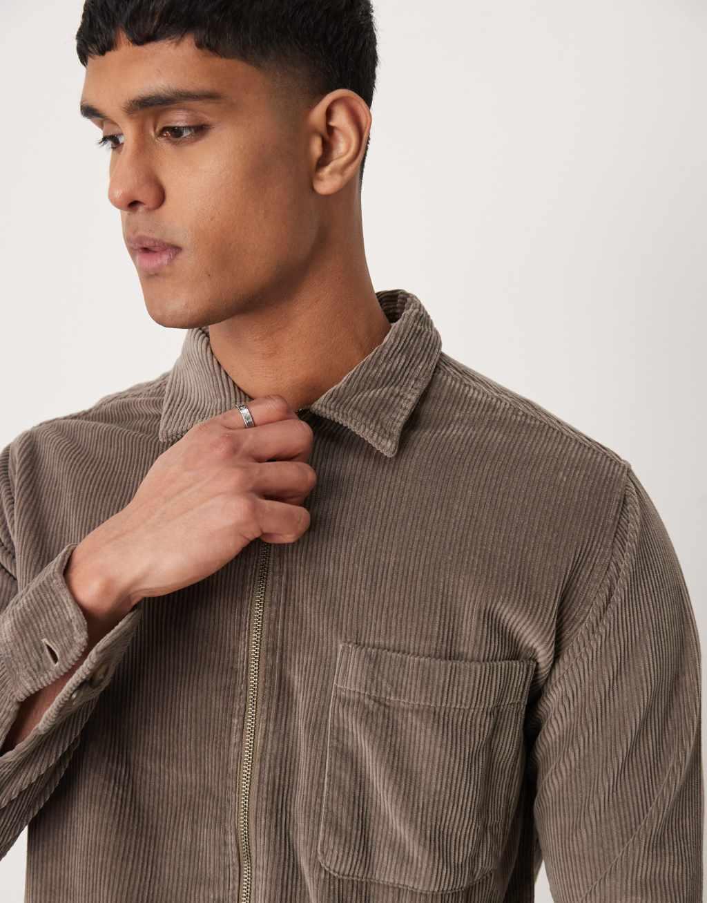 Selected Homme zip through cord shirt in tan Product Image
