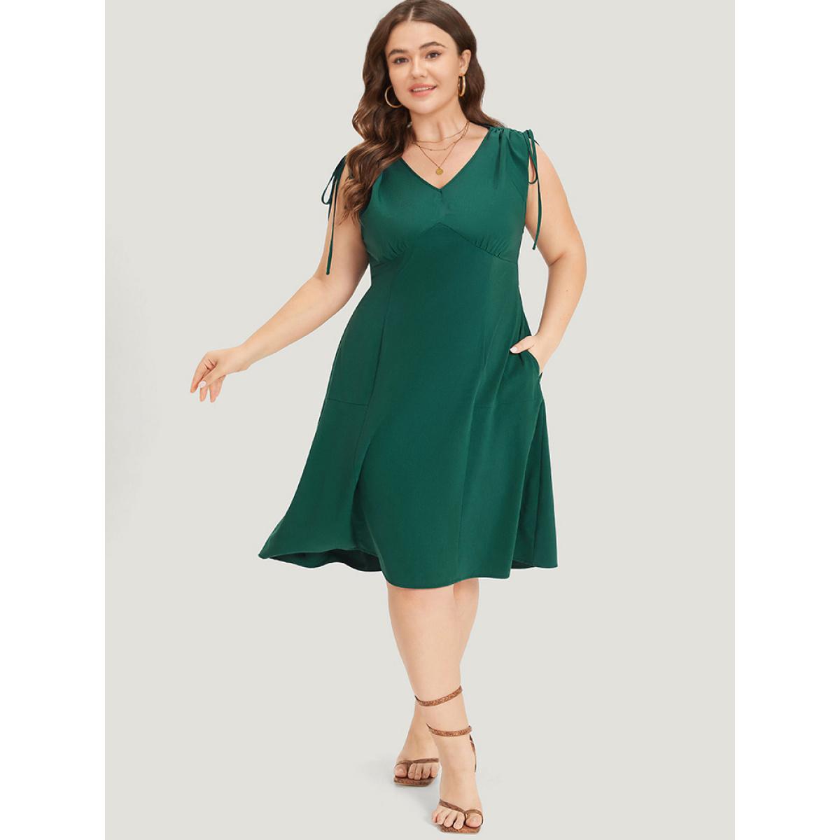 Plus Size Supersoft Essentials Drawstring Pocket Gathered Ruffle Hem Dress Green Women Elegant Drawstring V-neck Sleeveless Curvy Midi Dress BloomChic 18-20/2X Product Image