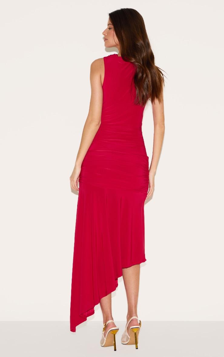 Red Double Layer Slinky Asymmetrical Ruched Midaxi Dress Product Image