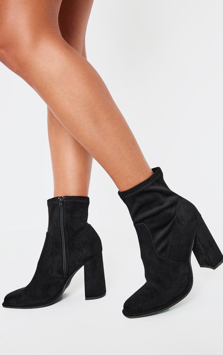 Black Faux Suede Round Toe High Block Stiletto Heeled Boots Product Image