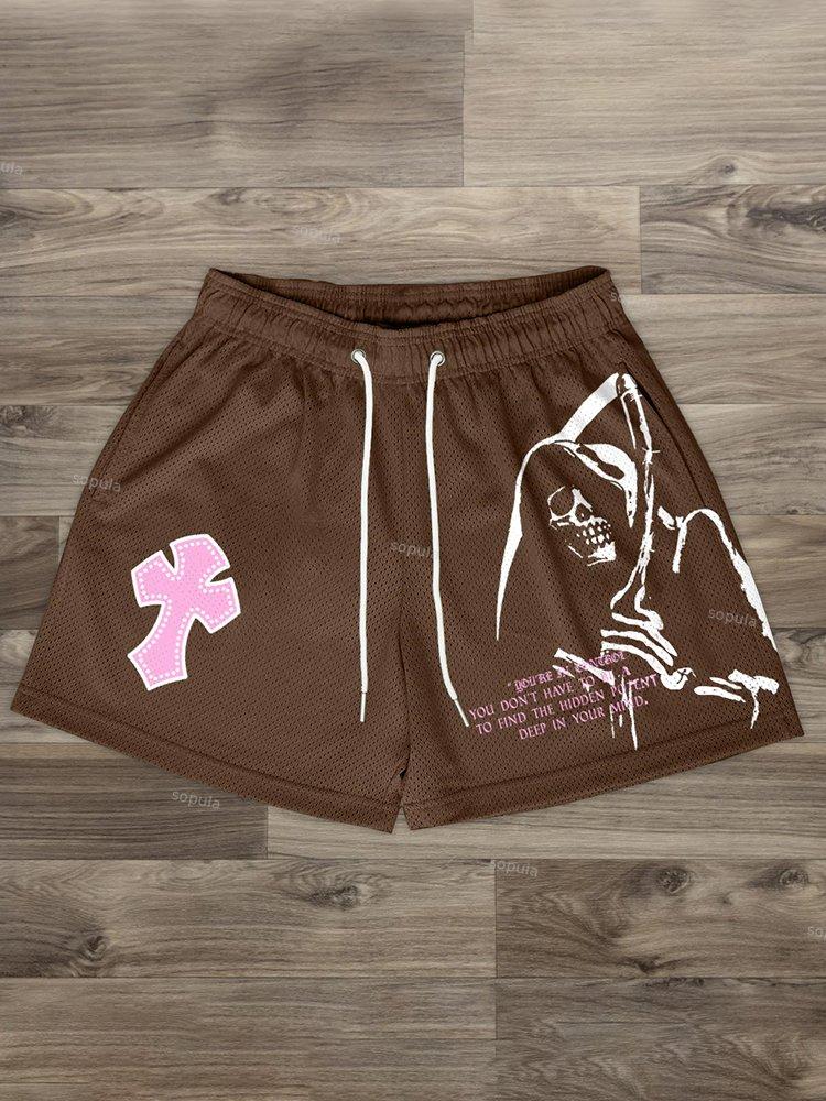 Sopula Grim Reaper Cross Print Mesh Shorts Product Image