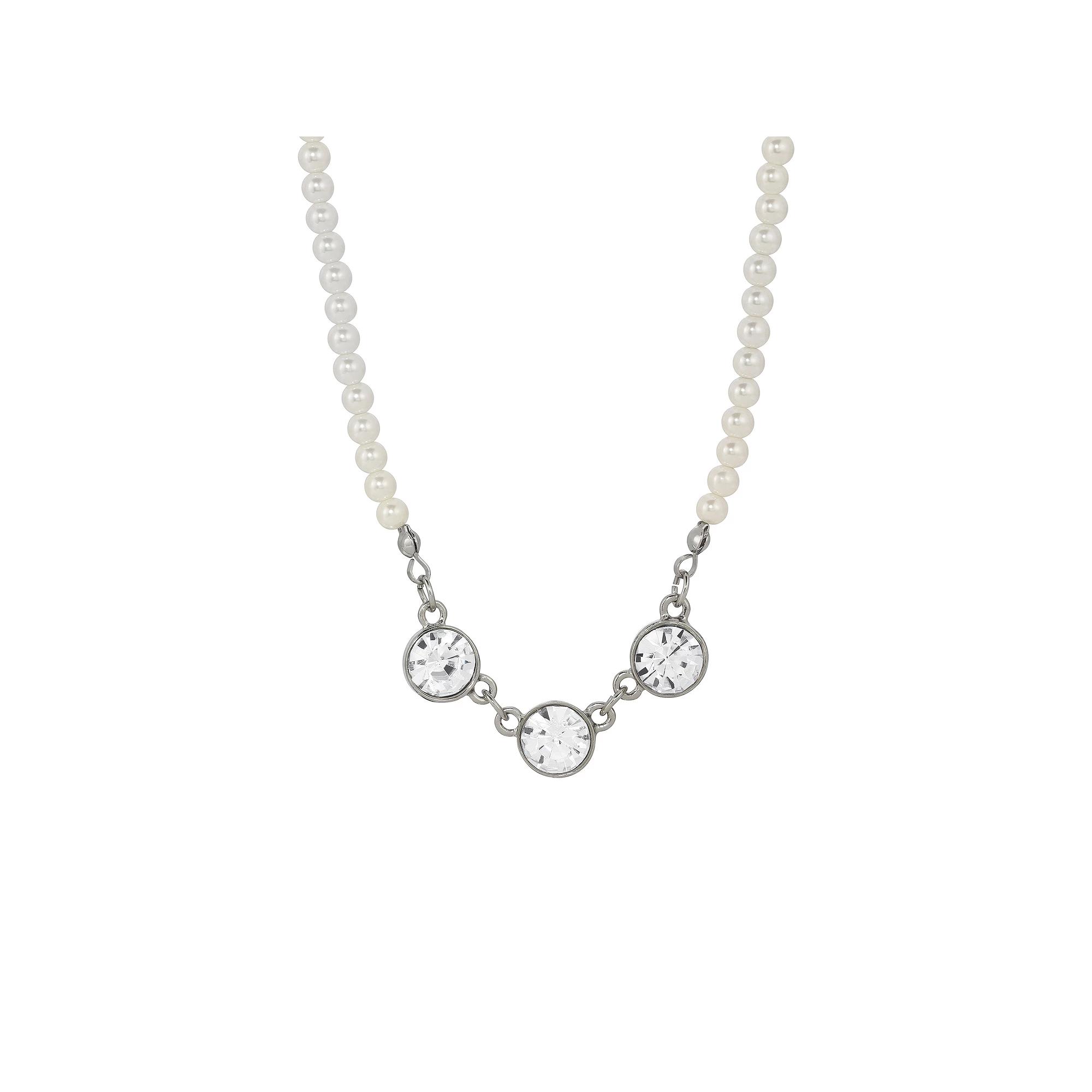 1928 Faux Pearl Strand Three Round Crystal Necklace, Womens, White Product Image