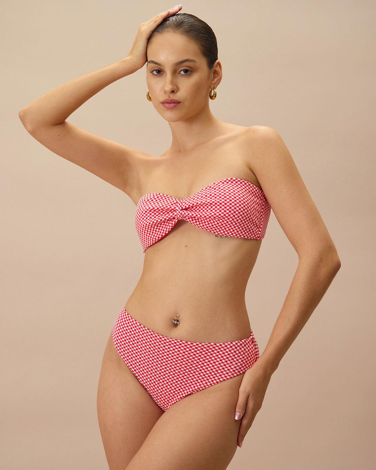 The Red Plaid Ruched Bikini Top Product Image