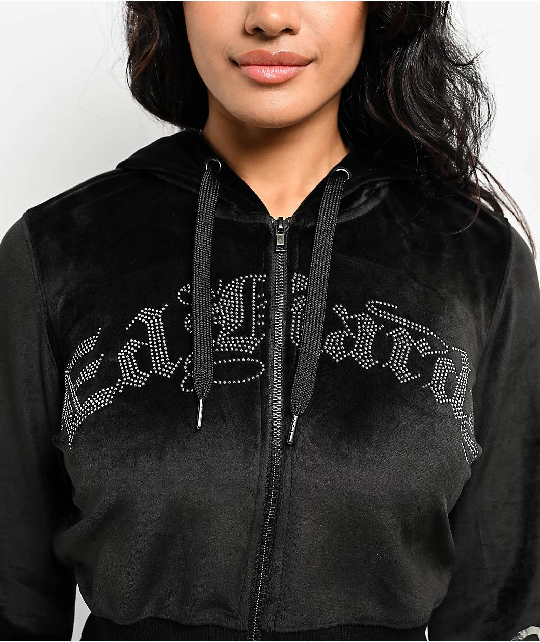 Ed Hardy Tiger Head Black Velour Crop Zip Hoodie Product Image