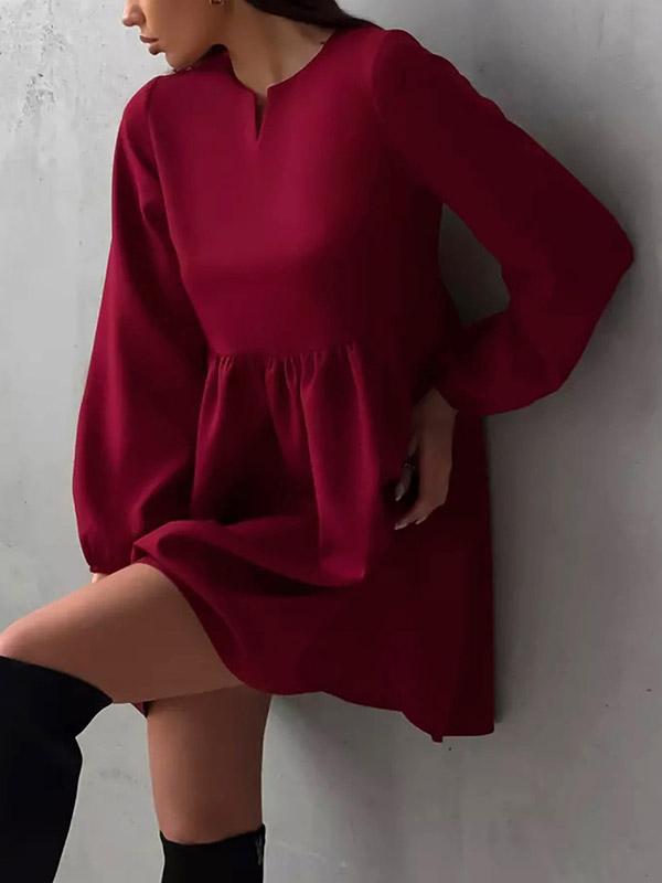 Loose Puff Sleeves Elasticity Pleated Solid Color Split-Joint Round-Neck Mini Dresses Product Image