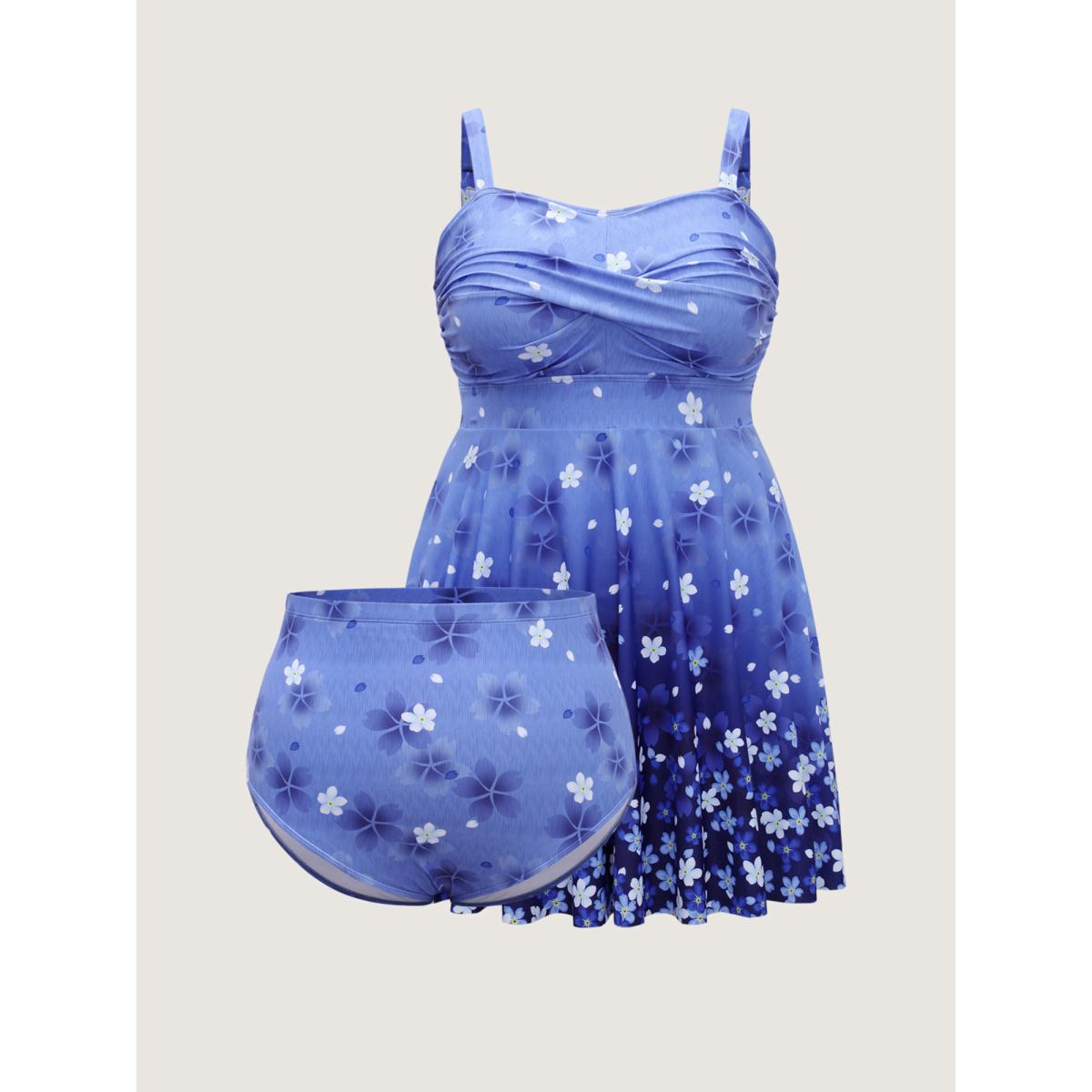Plus Size Floral Print Twist Front Ombre Swim Dress Women's Swimwear Mediumblue Resort Bodycon Heart neckline High stretch Curve Swim Dresses BloomChic 22-24/3X Product Image