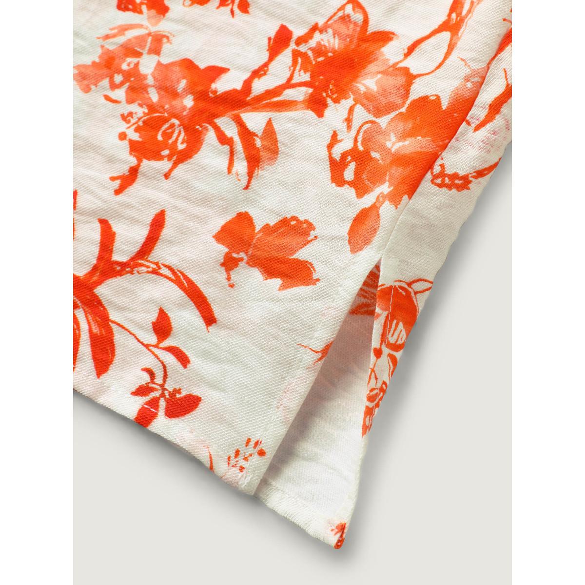 Plus Size Brightorange Floral Print Pleated Front Blouse Women Cap Sleeve V-neck Vacation Blouses BloomChic 26/4X Product Image