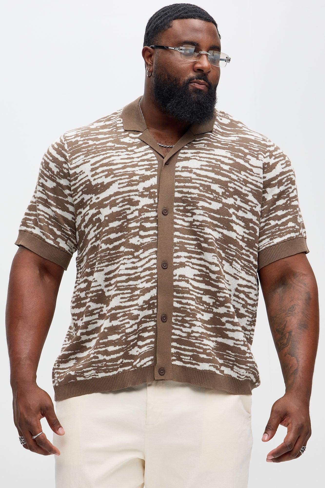 Zebra Pattern Knit Button Down Shirt - Brown Combo Product Image
