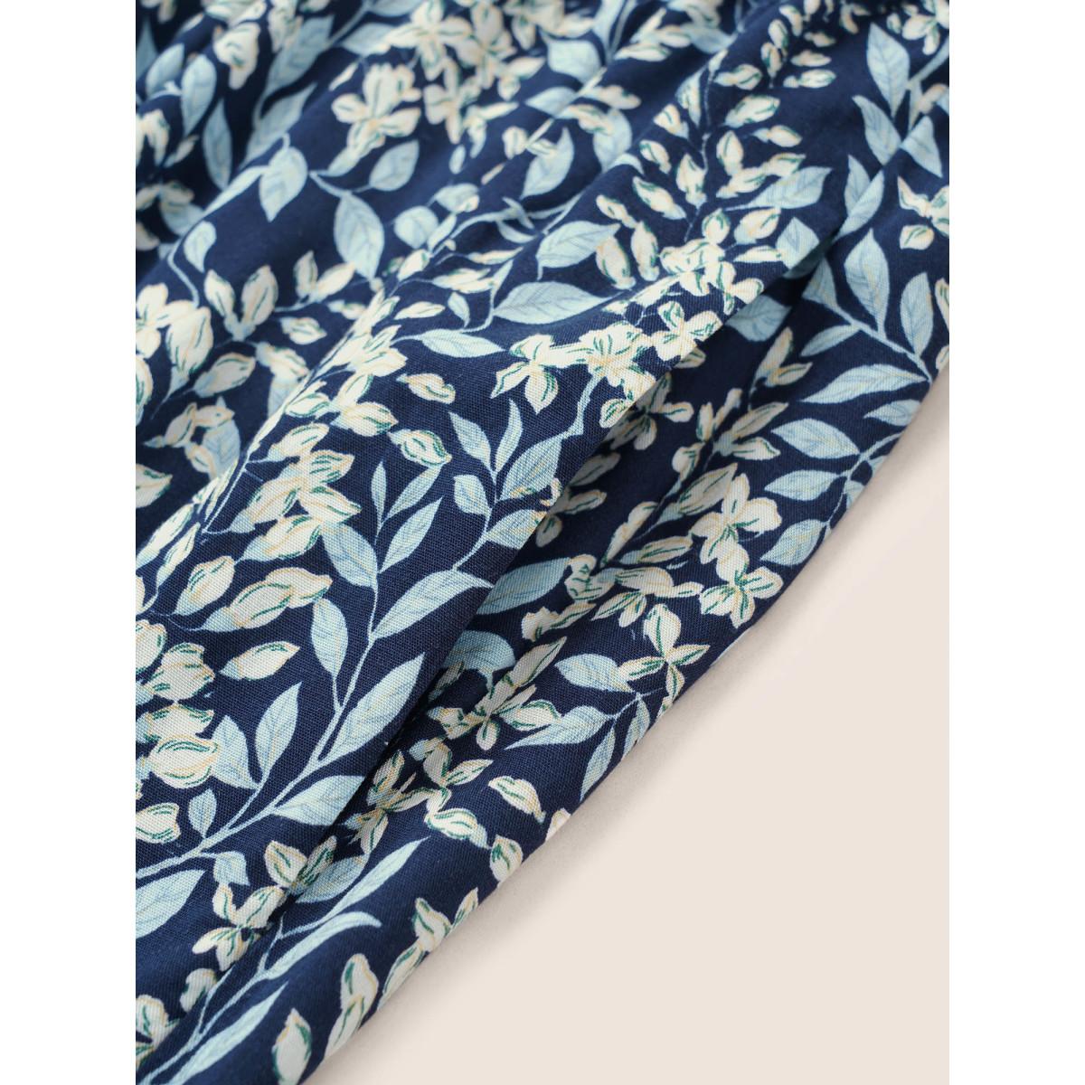 Plus Size Indigo Plants Print Elastic Waist Ties Tassel Trim Jumpsuit Women Resort Short sleeve V-neck Vacation Loose Jumpsuits BloomChic 26/4X Product Image