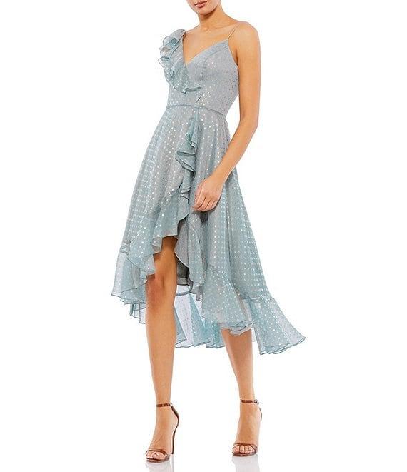 Mac Duggal Faux Wrap Ruffle V-Neck Cap Sleeve Spaghetti Strap Tiered High-Low Hem Midi Dress Product Image