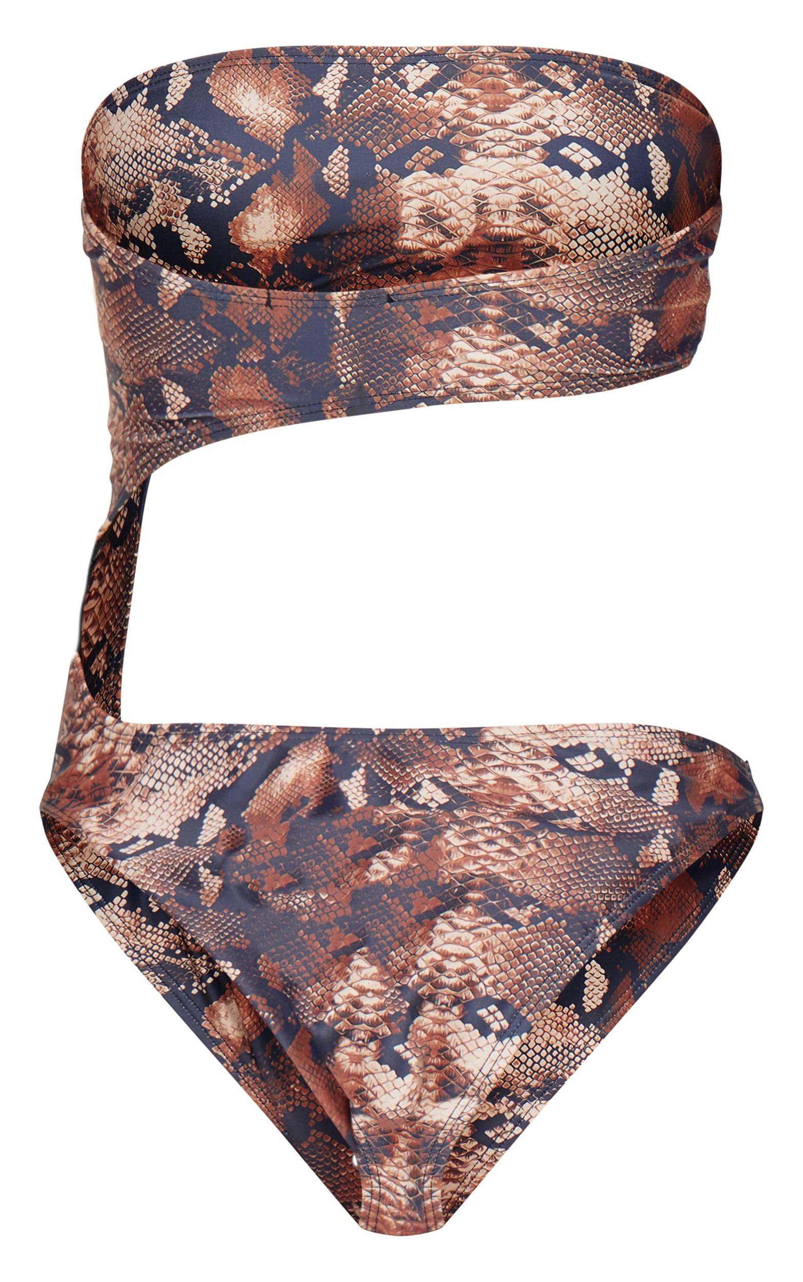 Brown Snake Print Bandeau Cut Out Swimsuit Product Image