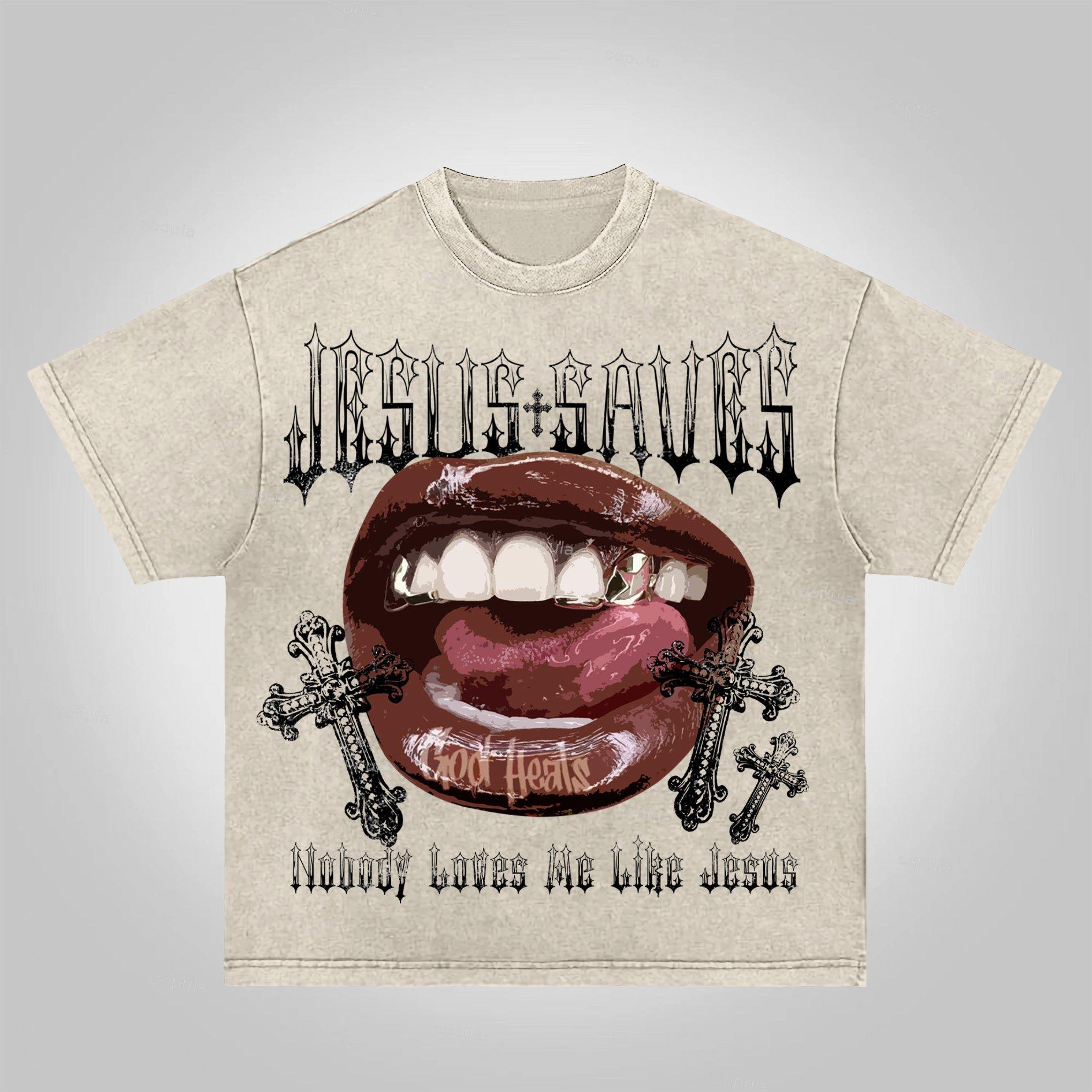 Sopula Jesus Saves Lips Cross Graphic Acid Wash T-shirt Product Image