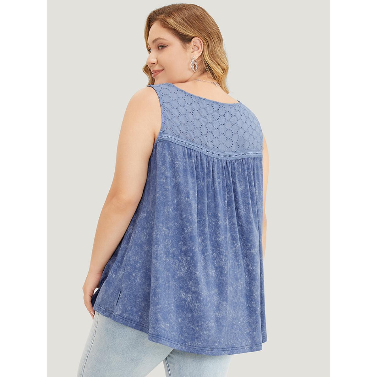 Plus Size Solid Plicated Detail Crochet Lace Tank Top Women Stone Elegant Gathered Round Neck Dailywear Tank Tops Camis BloomChic 12/L Product Image