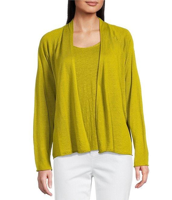 Eileen Fisher Organic Linen Blend Open Front Straight Hem Long Sleeve Cardigan Product Image