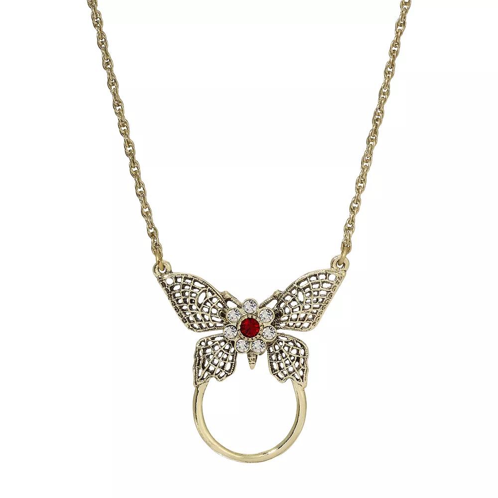 1928 Gold Tone Butterfly Red & Clear Crystal Necklace & Eye Glass Holder, Womens Product Image