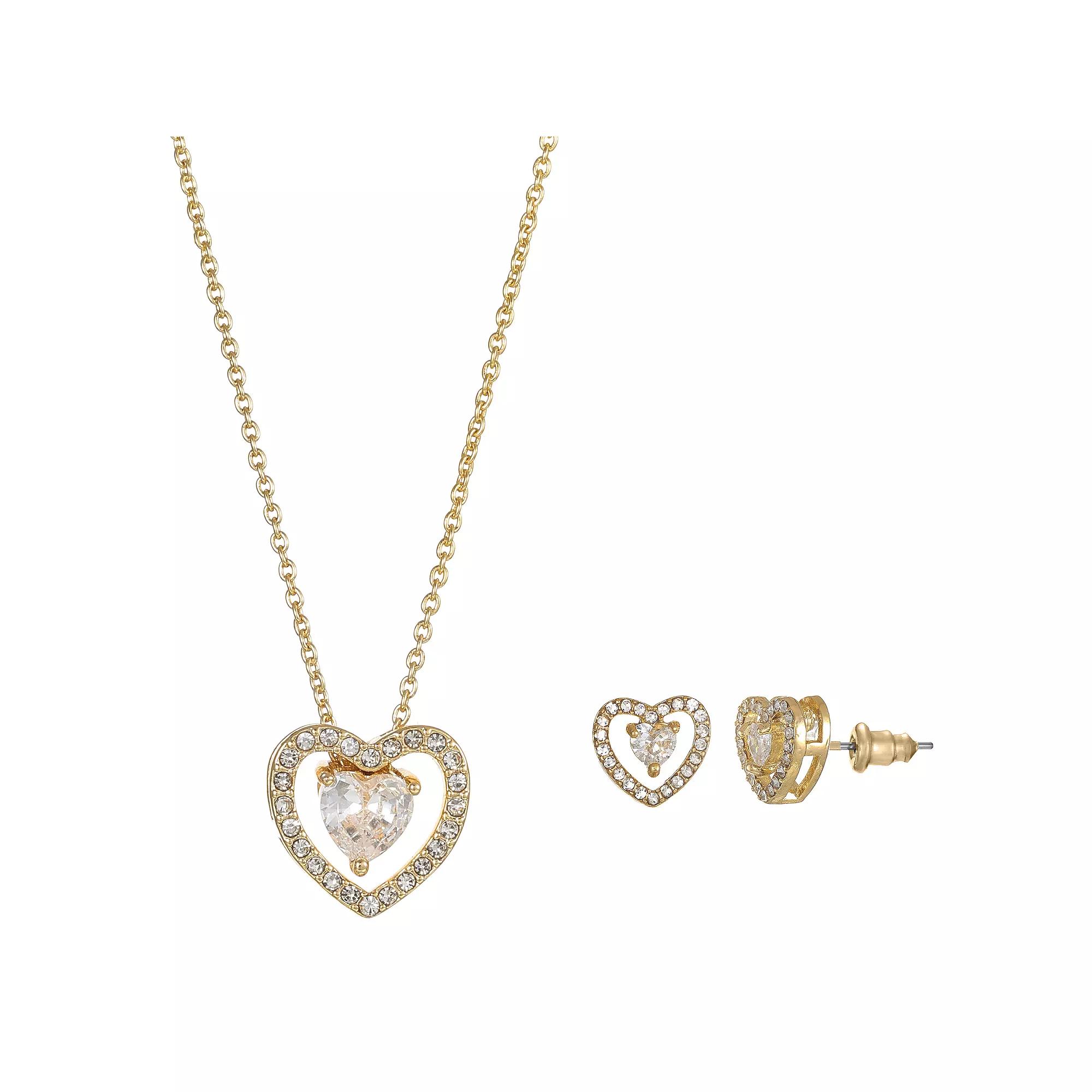 Gold Tone Cubic Zirconia Heart Halo Necklace & Stud Earrings Set, Women's, Size: 18+3", Gold Tone Clear Product Image