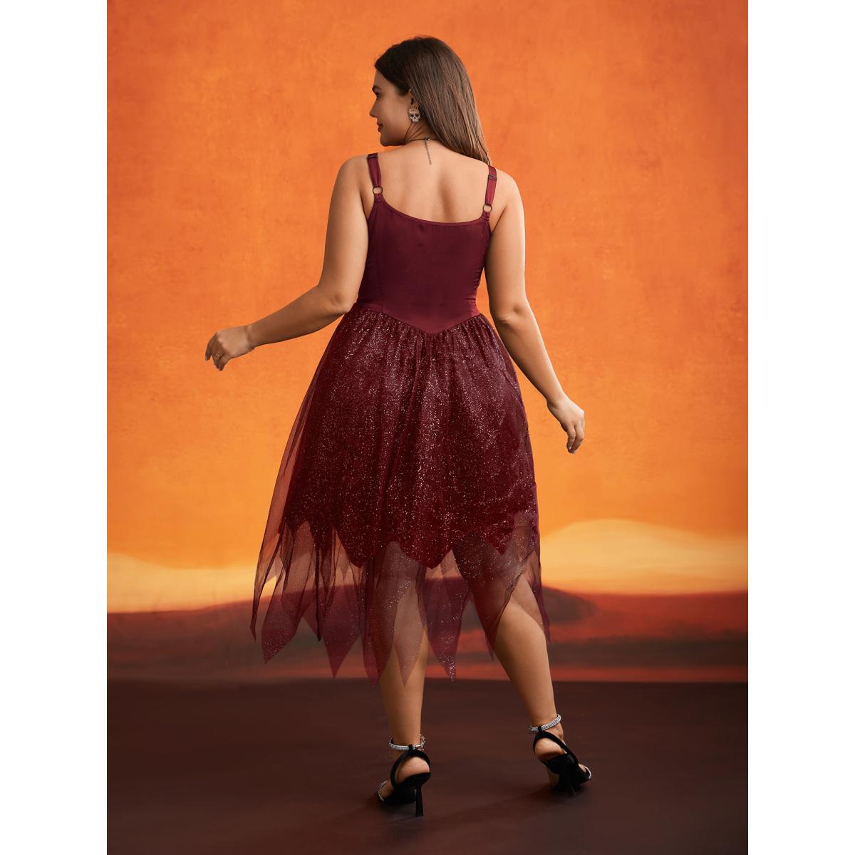 Plus Size Enchanted Shiny Mesh Petal Hem Midi Dress Burgundy Women Cocktail Texture Party Curvy Bloomchic 22-24/3X Product Image