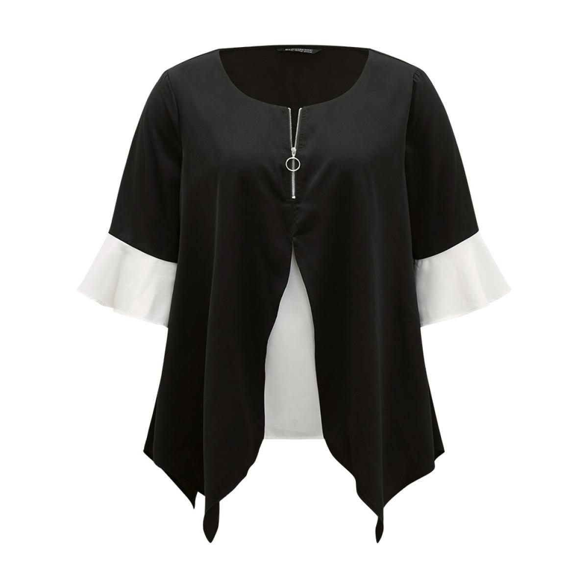 Plus Size Scarlet Anti-Wrinkle Contrast Zip Up Flutter Sleeve Hanky Hem Blouse Women Office Half Sleeve Round Neck Office Blouses BloomChic 30/6X Product Image