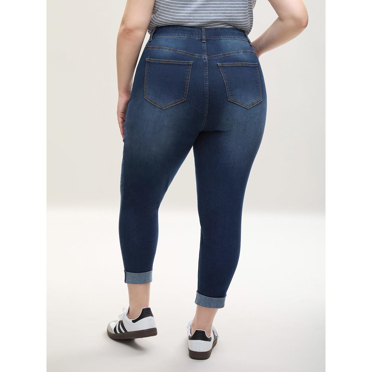 Plus Size Rolled Hem Cropped Skinny-Fit Jeans Women Denimindigo Leisure Medium stretch Slanted pocket Jeans BloomChic 12/L Product Image