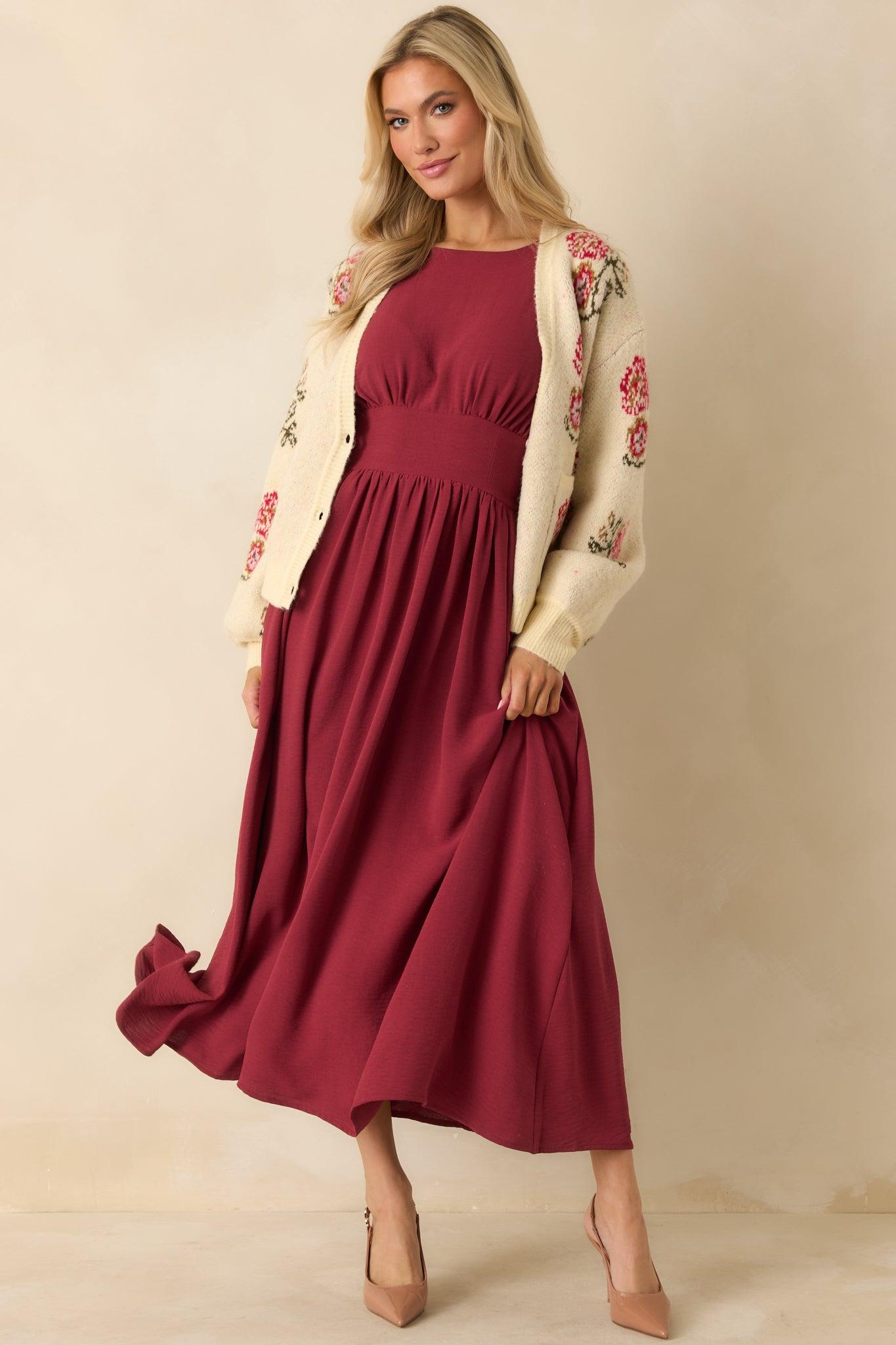 Faded Photographs Burgundy Chiffon Cap Sleeve Maxi Dress Product Image