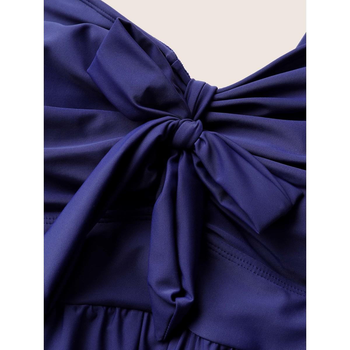 Plus Size Plain Bowknot Pocket Gathered One Piece Swimsuit Women's Swimwear Indigo Beach Non Curve Bathing Suits High stretch One Pieces BloomChic 30/6X Product Image