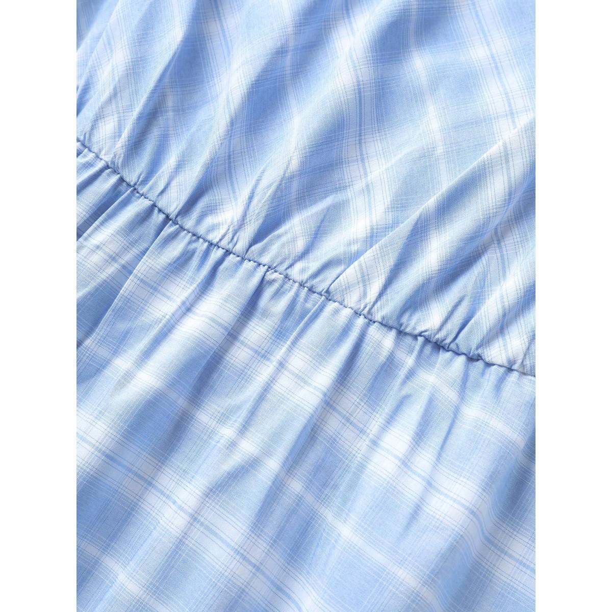 Plus Size Plaid Square Neck Gathered Shirred Dress LightBlue Women Casual Non Square Neck Short sleeve Curvy Midi Dress BloomChic 14-16/1X Product Image