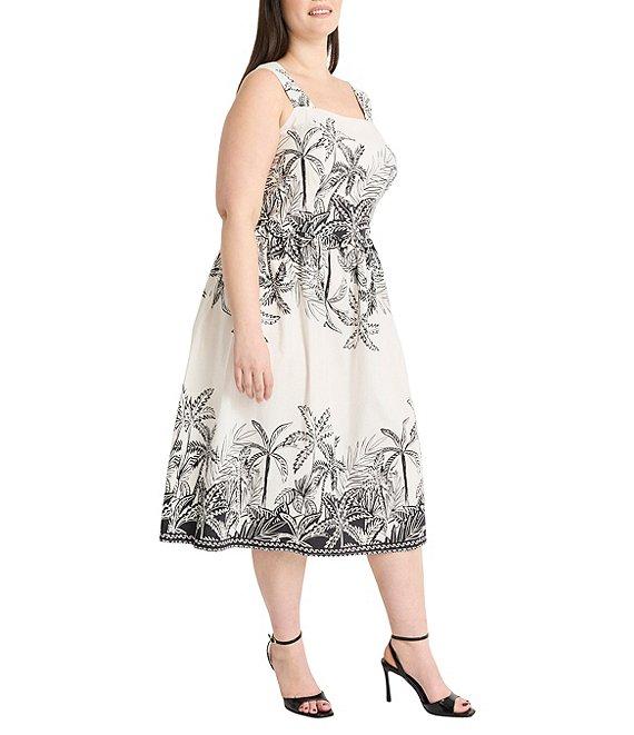 Maggy London Plus Size Tropical Palm Print Sleeveless A-Line Midi Dress Product Image