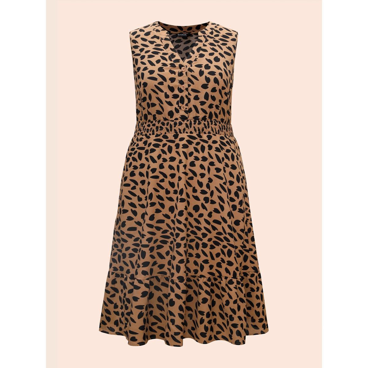 Plus Size Leopard Print Notched Shirred Tank Dress Tan Women At the Office Button Flat collar with V-notch Sleeveless Curvy BloomChic 28/5X Product Image