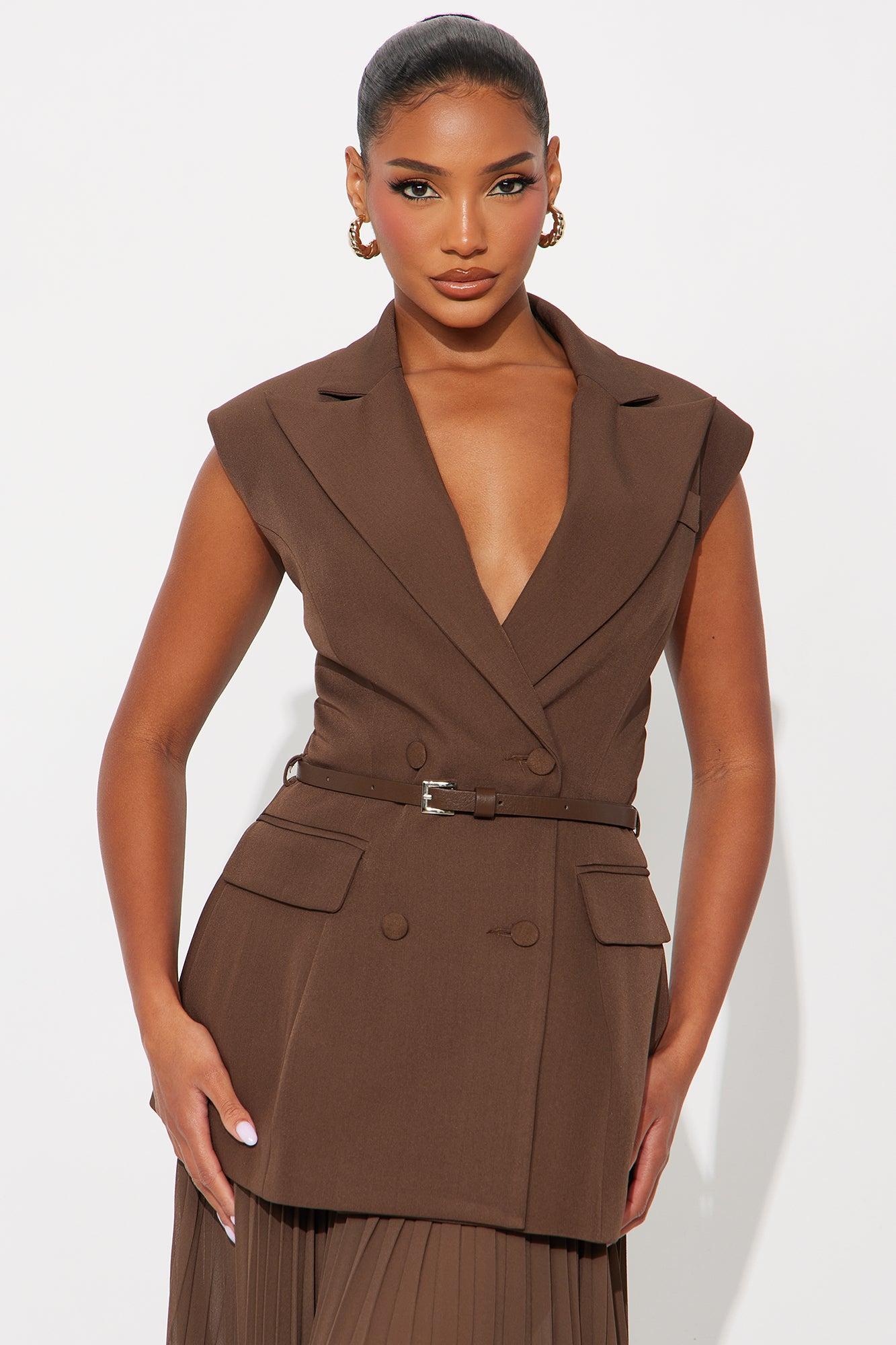 Aria Belted Blazer Pleated Maxi Skirt Set - Chocolate Female Product Image