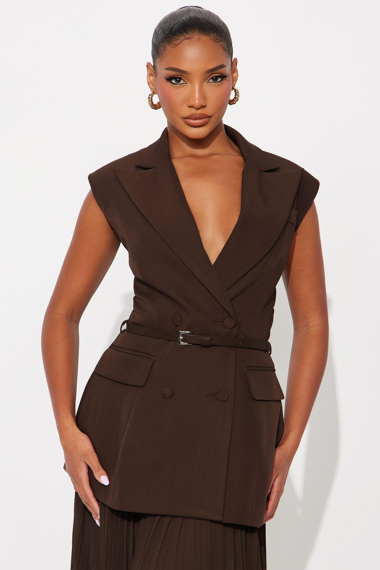 Aria Belted Blazer Pleated Maxi Skirt Set - Chocolate Product Image