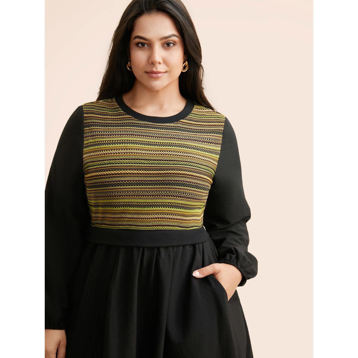 Plus Size Striped Patchwork Texture Lantern Sleeve Dress Black Women Elegant Texture Round Neck Long Sleeve Curvy BloomChic 18-20/2X Product Image