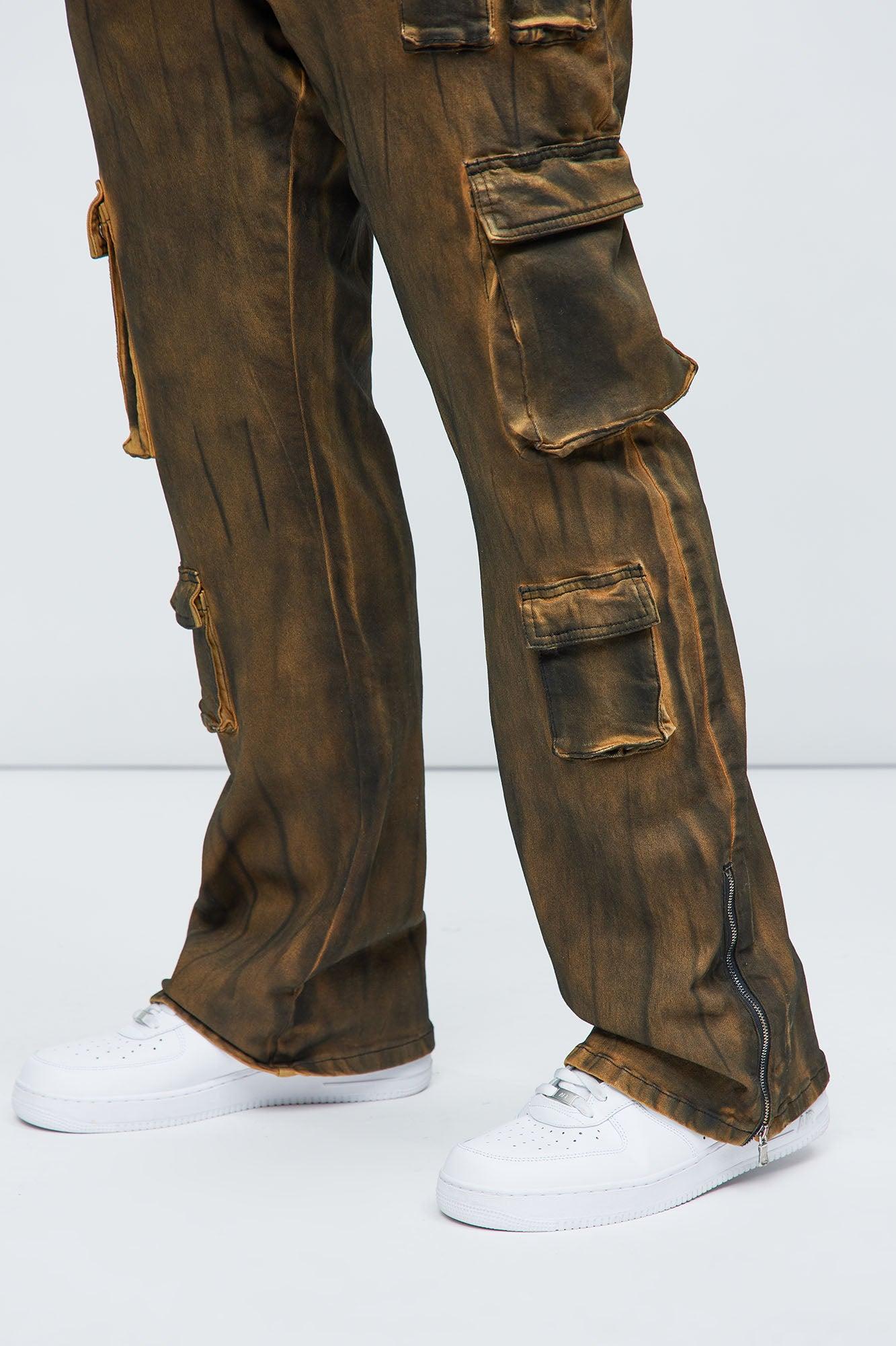 Pocket Me Cargo Stacked Skinny Zipper Flare Jeans - Brown Product Image