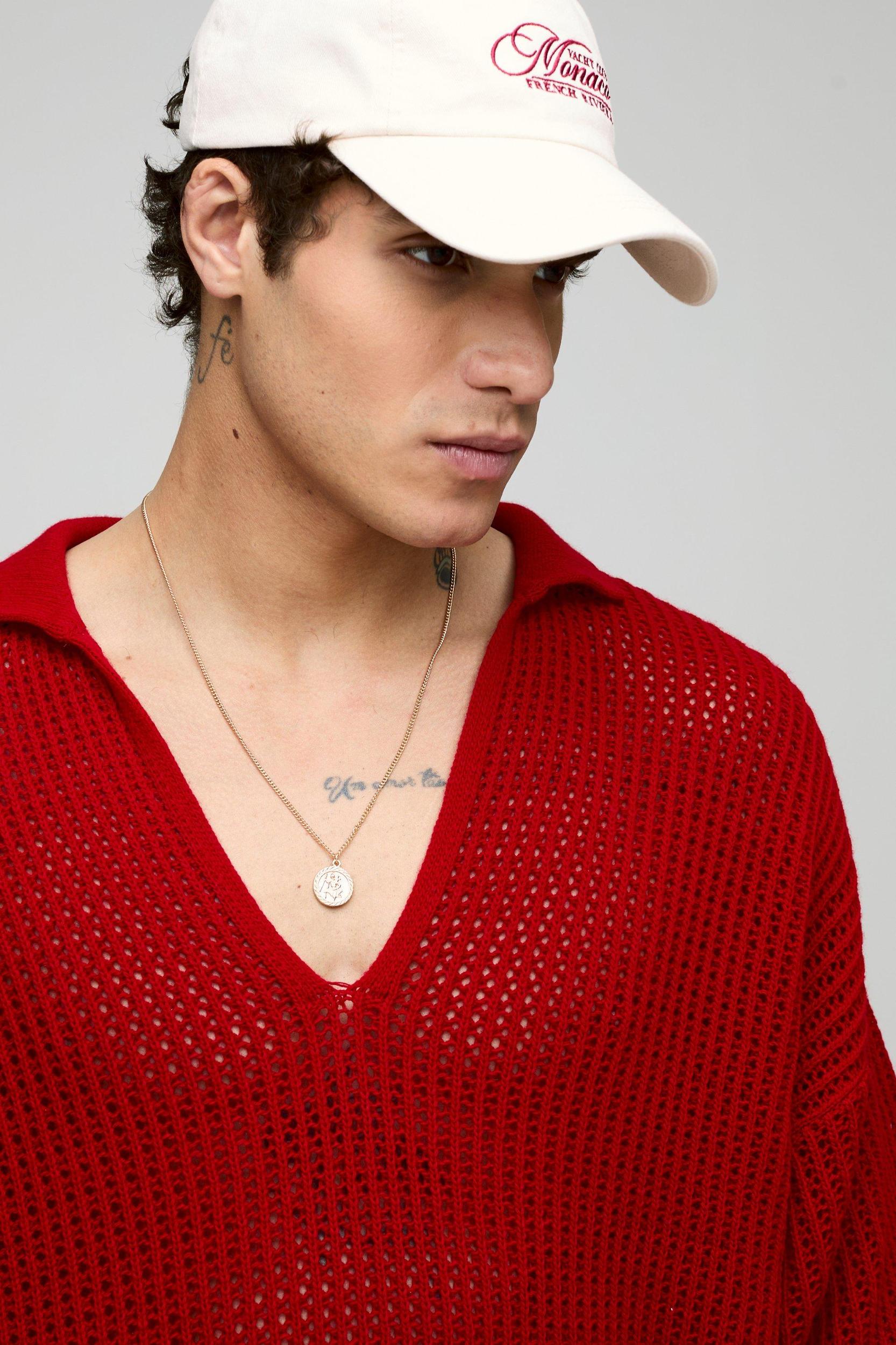 Oversized Open Stitch Knitted V Neck Polo | boohooMAN USA Product Image
