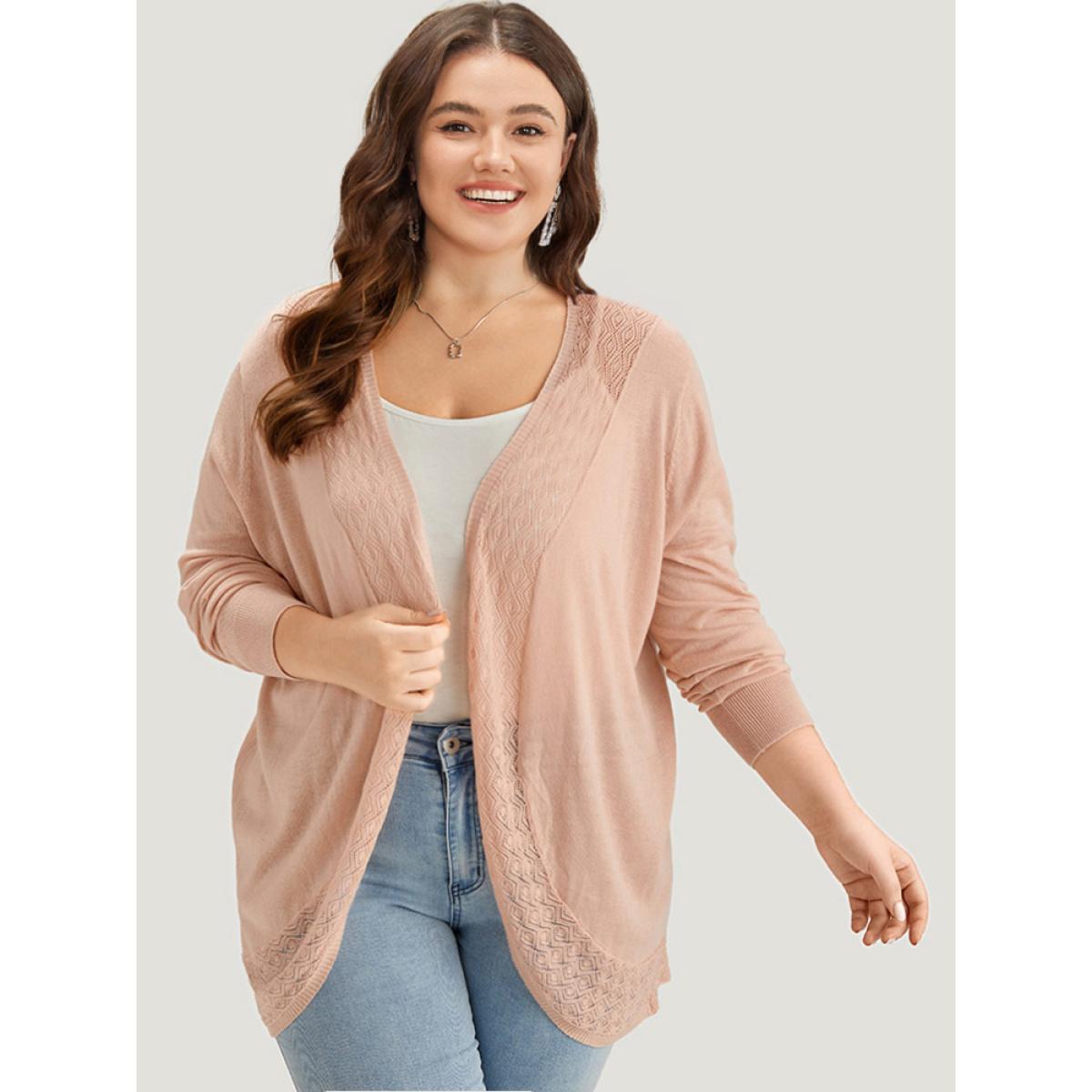 Plus Size Supersoft Essentials Geometric Eyelet Patchwork Arc Collar Cardigan Crepe Women Casual Loose Long Sleeve Dailywear Cardigans BloomChic 10/M Product Image