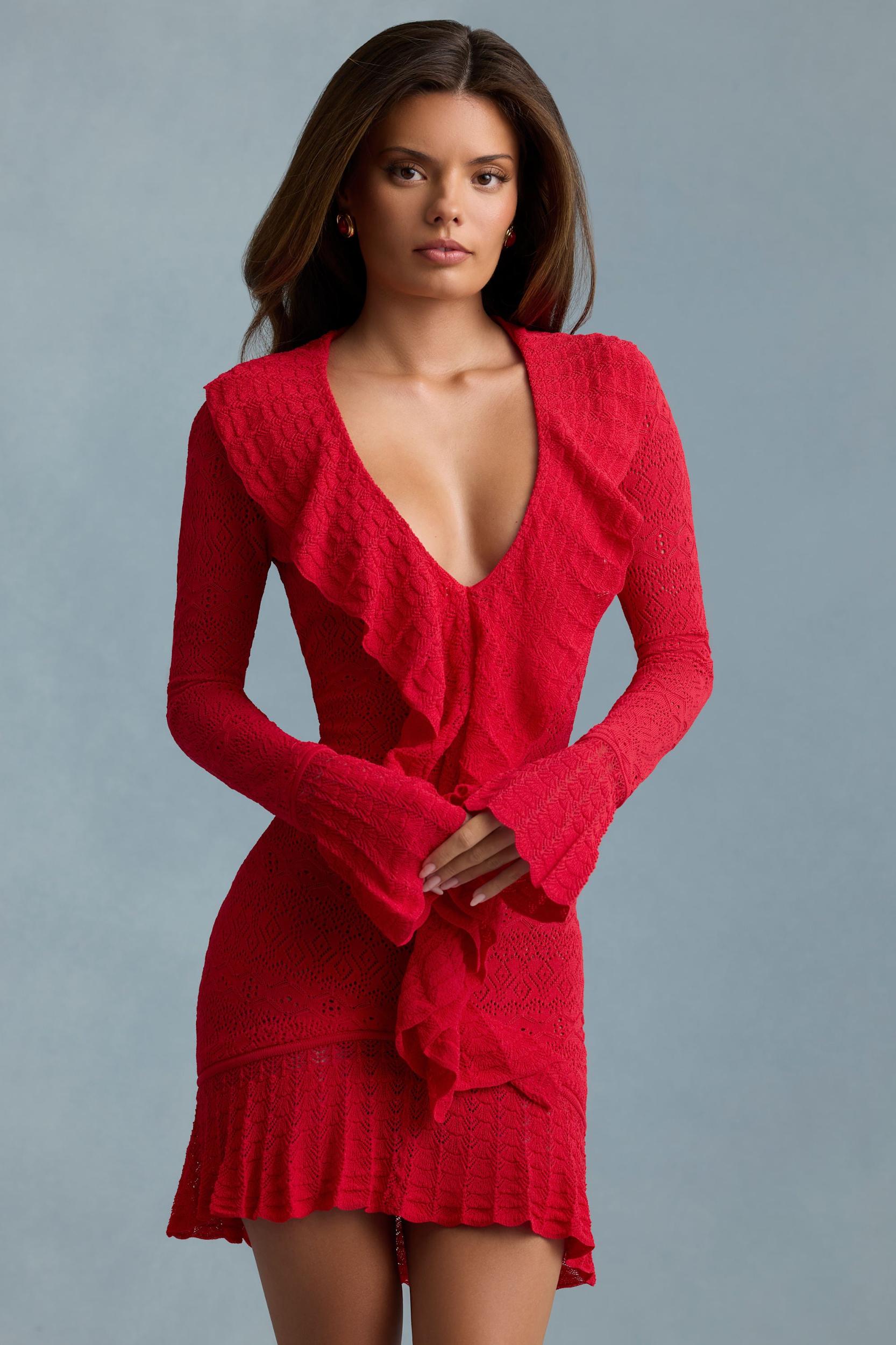 Ruffle-Trim Pointelle-Knit Mini Dress in Scarlet Red Product Image
