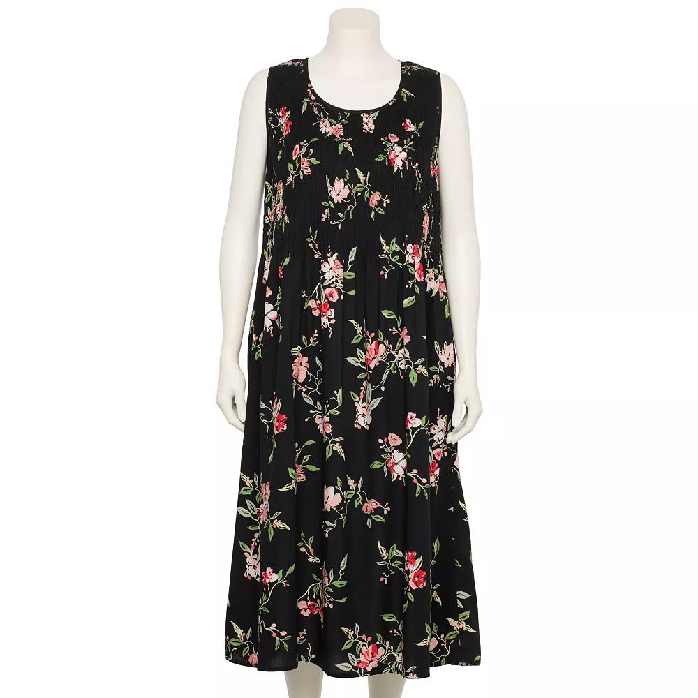 Plus Size Croft & Barrow® Smocked Midi Dress, Women's, Size: 2XL, Black Team Floral Product Image
