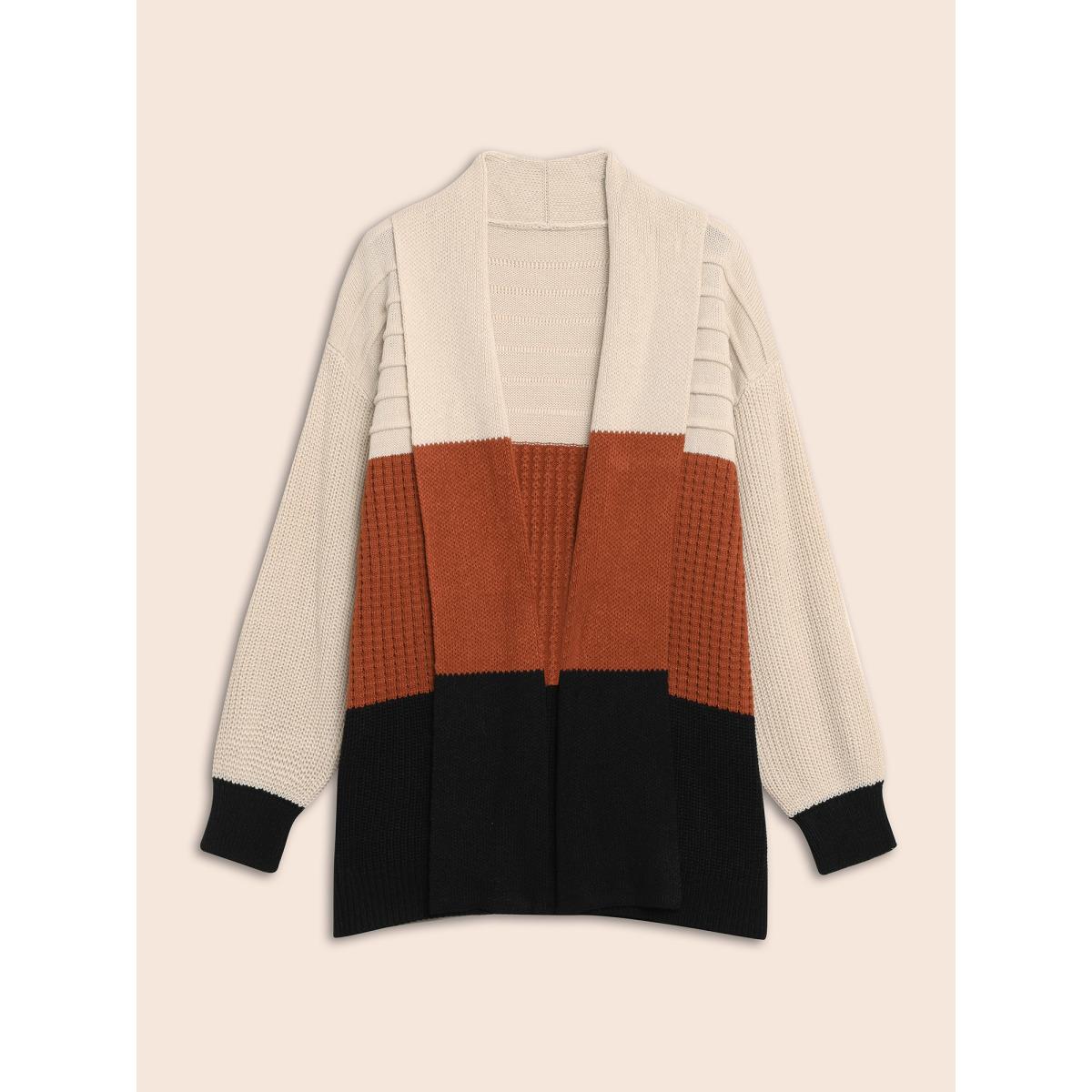 Plus Size Colorblock Contrast Lapel Collar Texture Cardigan Apricot Women Casual Loose Long Sleeve Everyday Cardigans BloomChic 30/6X Product Image