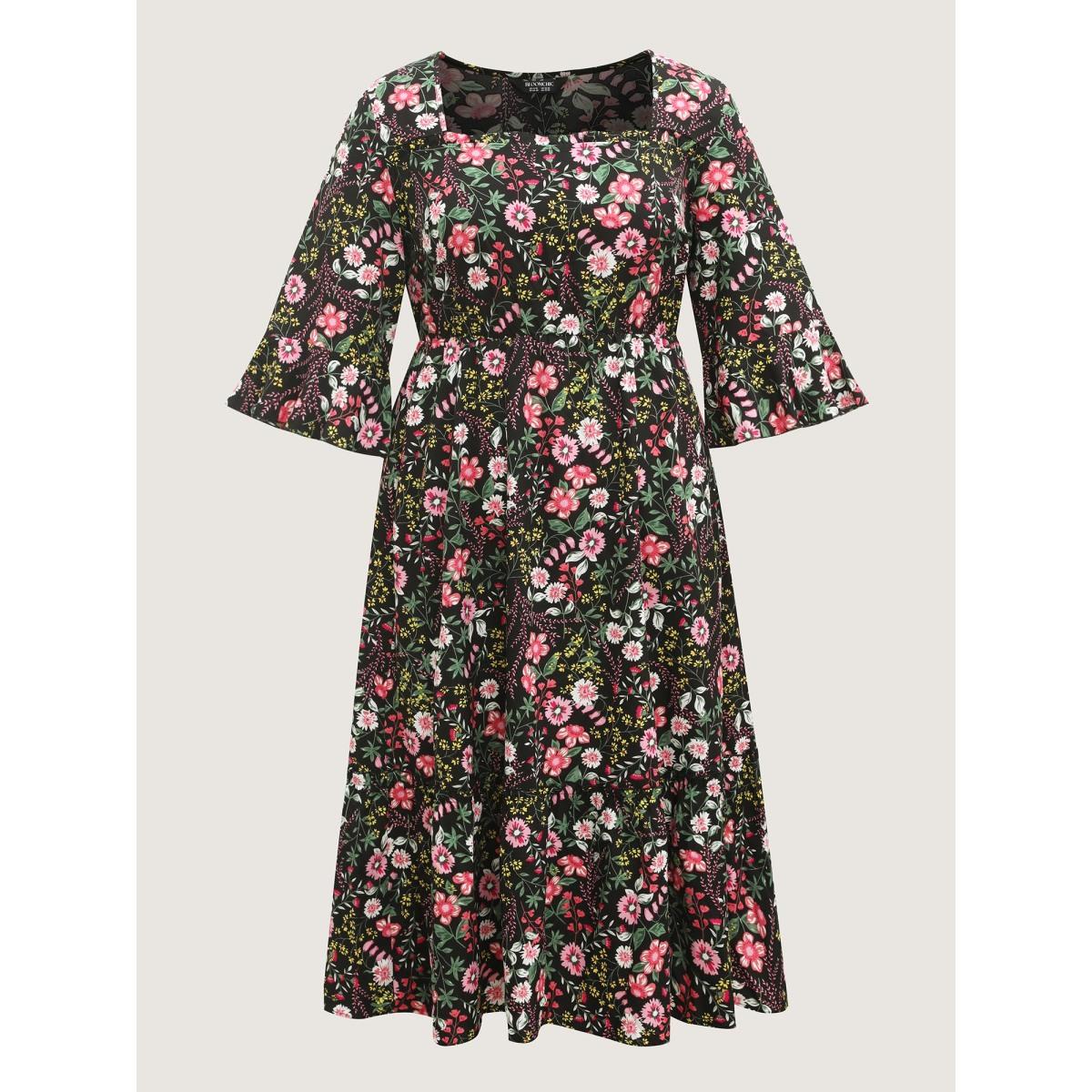 Plus Size Floral Ruffled Square Neck Midi Dress Black Women Romantic Ruffles Square Neck Elbow-length sleeve Curvy BloomChic 10/M Product Image