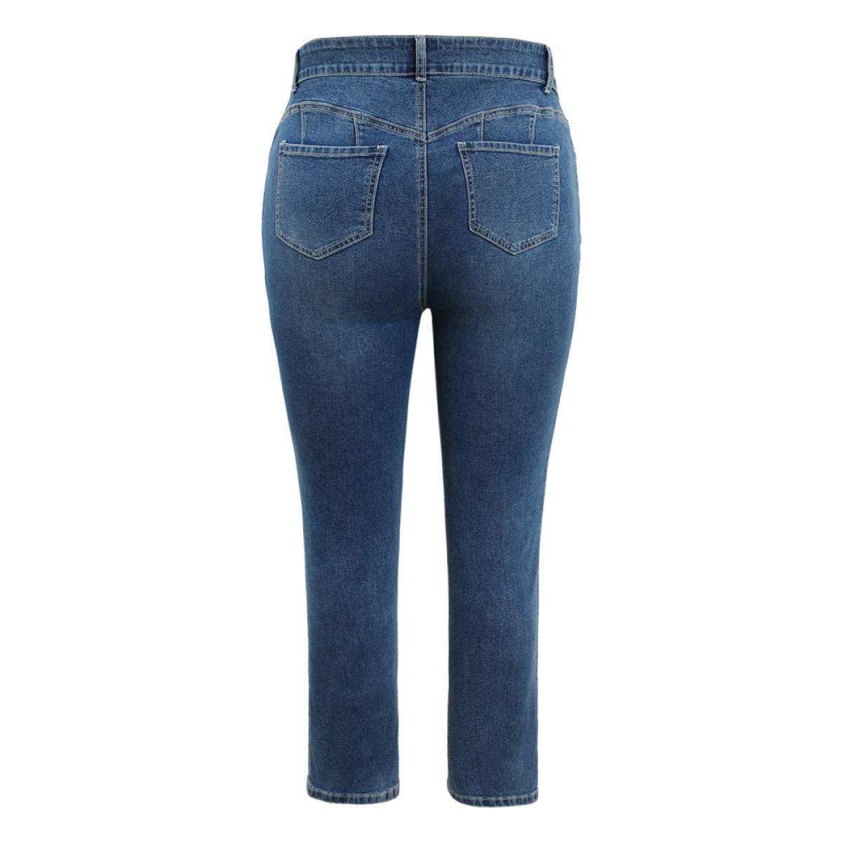 Plus Size Straight Leg Very Stretchy High Rise Medium Wash Jeans Women Indigo Casual Plain Distressed High stretch Pocket Jeans BloomChic 14/1X Product Image