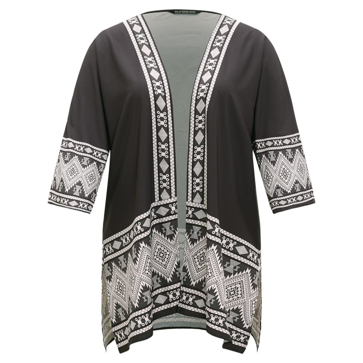 Plus Size Boho Print Open Front Pocket Split Hem Kimono Women Black Casual Printed Loose Pocket Dailywear Kimonos BloomChic 30/6X Product Image